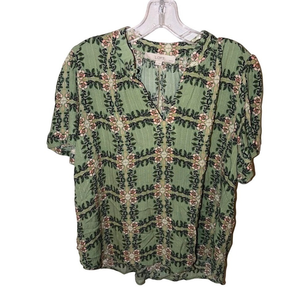 LOFT Petites Sage Green Floral Lattice Split Neck Puff Sleeve Blouse MP 10319